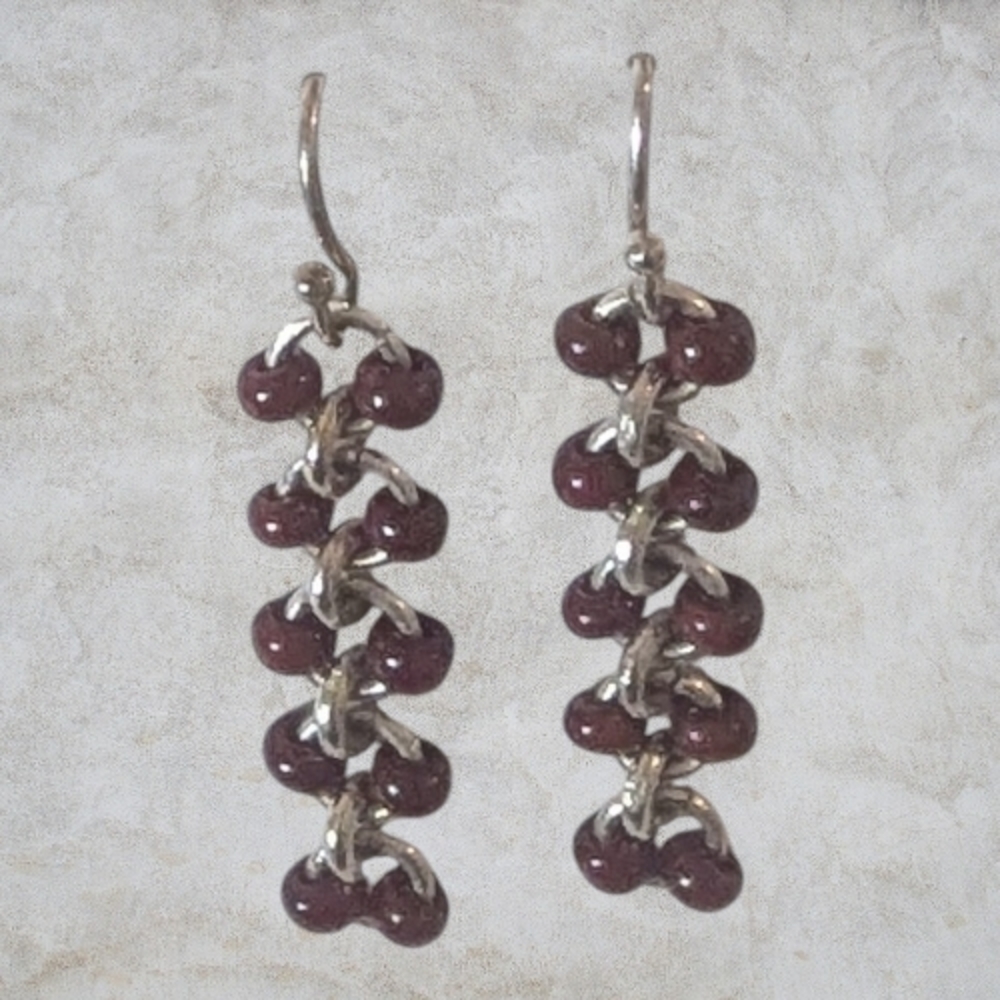 Micromaille Ladder Earrings with Burgundy Beads New Sterling Silver